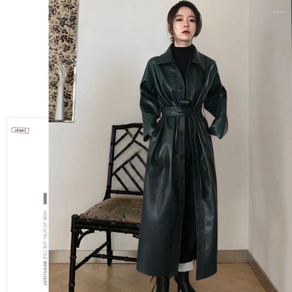 Couro feminino 2023 cinto único breasted casaco outono longo legal plutônio trench coat para mulheres soltas moda coreana atacado jaqueta