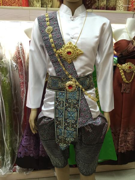 Roupas étnicas Tailândia Tradicional para Homens Stand Collar Mangas Compridas Branco Tops Bloomers Pogal Songkran Festival Traje Thai