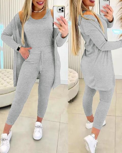 Pantaloni a due pezzi da donna Abiti eleganti autunnali Abito da donna 2023 Moda versatile Casual Girocollo Canotta con coulisse Set con cappotto