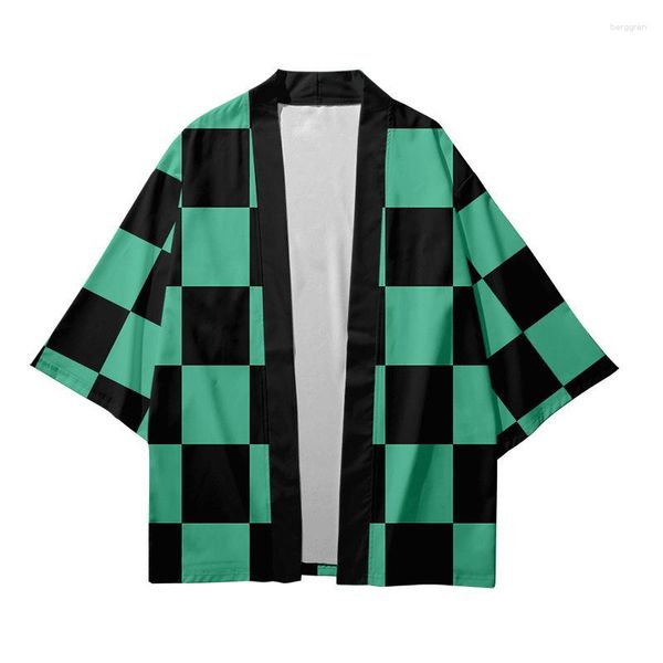 Camisas casuais masculinas japonês quimono hombre frente aberta preto verde xadrez impressão 2023 moda cardigan camisa masculina plus size 5xl 6xl