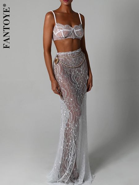 Vestido de duas peças Fantoye Sexy ver através de renda cadeia mulheres saia terno branco espaguete cinta colheita top impressão floral outono conjuntos 230923