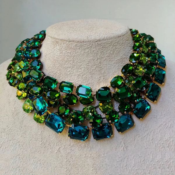 Chokers Frühlingsstil Grüner Kristall Big Bib Halskette Mode Statement Rund Oval Quadrat Glas Kristall Kette Schmuck Übertrieben 230923