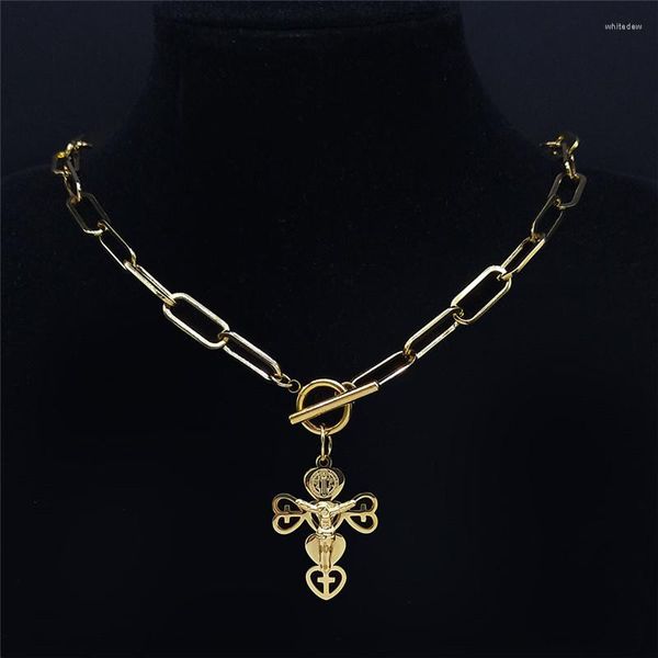 Pingente colares de aço inoxidável coração cruz jesus gargantilha colar ouro cor oração presente jóias collier acier inoxydable n6012s07