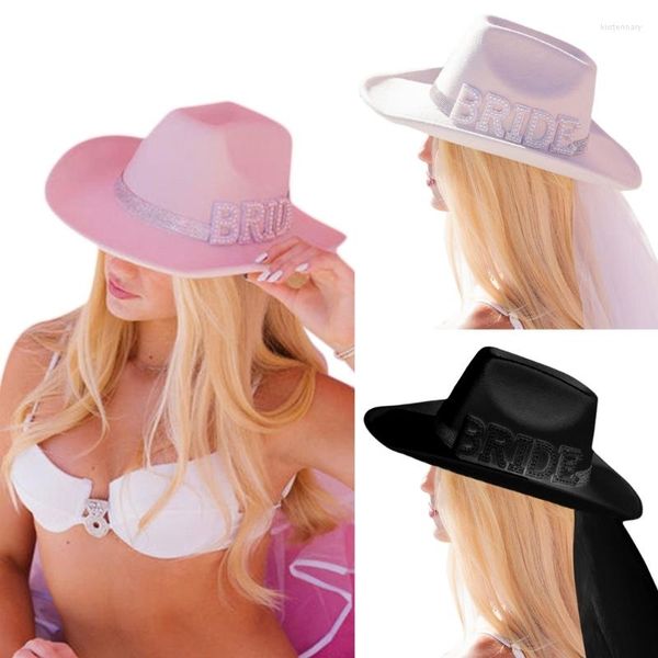 Berets Pérola Noiva Carta Chapéu de Cowboy com Véu Longo Aba Larga Nupcial Fedoras Ocidentais para Poshoots Ao Ar Livre Suprimentos Dropship