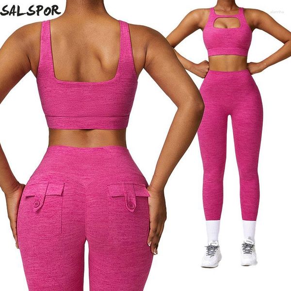 Set attivi SALSPOR 2 pezzi Tuta da yoga tascabile Bella schiena Fitness Set sportivo Traspirante Ad asciugatura rapida Completo da donna Slim Gym Activewear