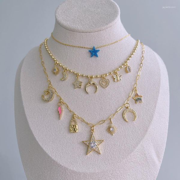 Collane con ciondolo Lussuosa varietà alla moda con zirconi placcati in oro, collana con luna, stella blu, opale naturale