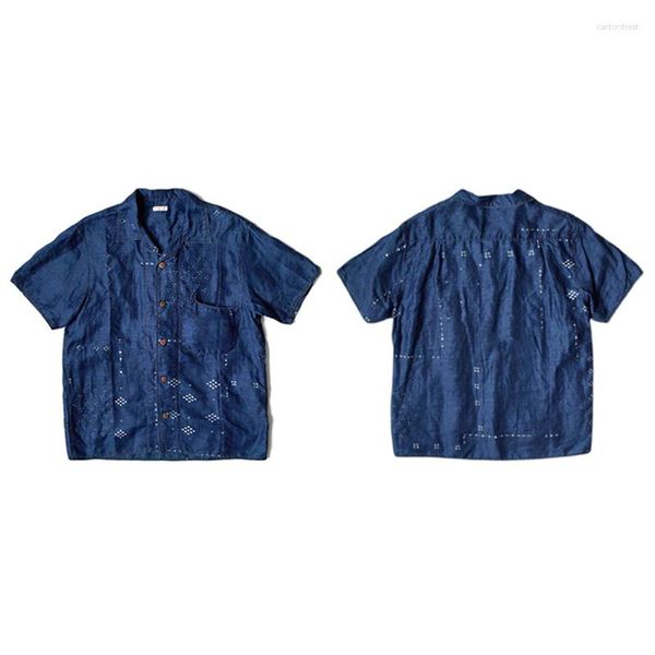 Männer Casual Hemden KAPITAL Kurzarm Hemd 2023 Sommer Blau Färben Tannin Denim Baumwolle Stempel Montage Japanische Retro Tops für Frauen