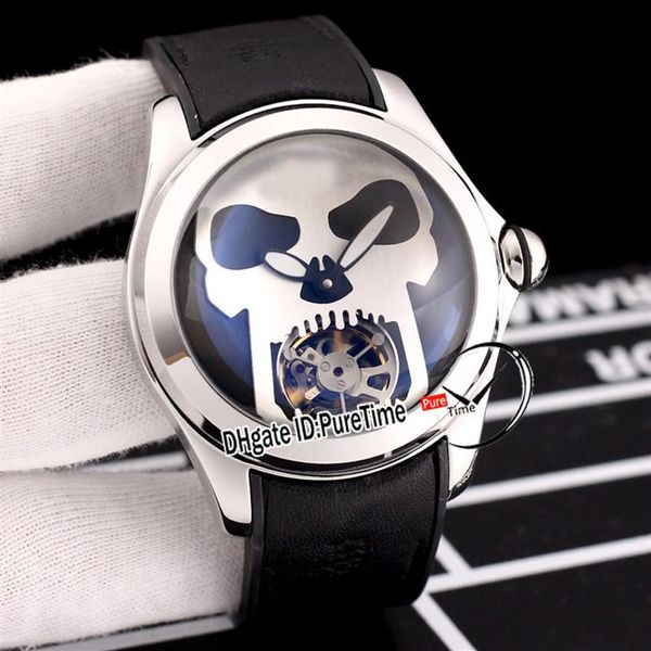 Novo 45mm copo do almirante bolha automático tourbillon relógio masculino caixa de aço mostrador cinza prata crânio cinza couro borracha relógios p329a