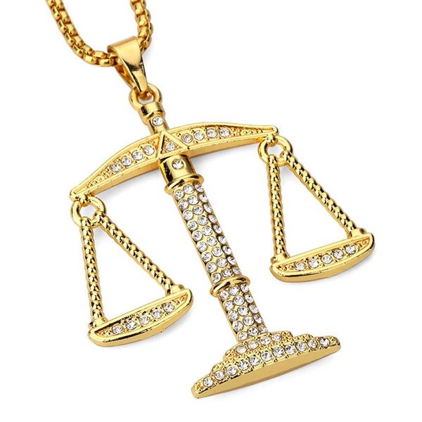 Giustizia Equilibrio Bilancia Collana con pendente Moda Colore oro Fascino Uomo Donna CZ Pietra Strass Cristallo Gioielli Hiphop Lega243d