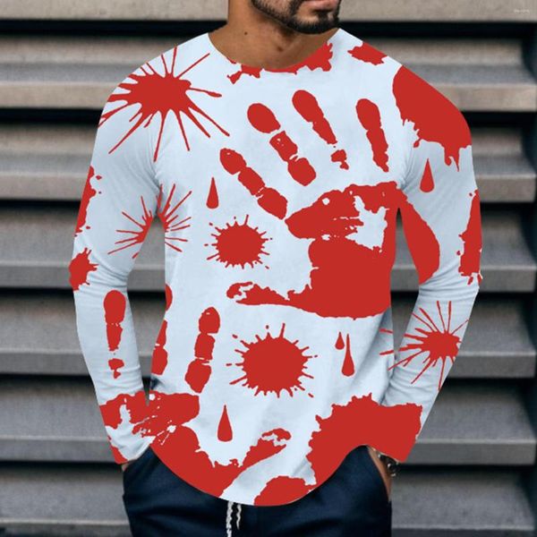 T-shirt da uomo Camicia da uomo Halloween Stampa a mano Manica lunga Girocollo Top casual Vestibilità ampia