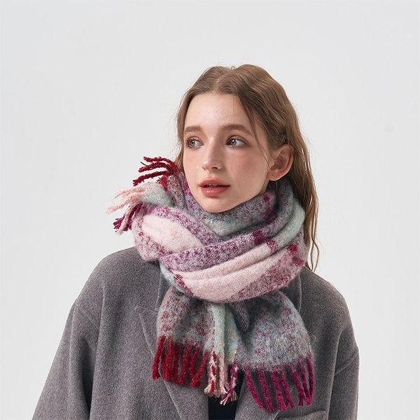 Клетчатый шарф с бахромой из смесовой шерсти для женской зимней верхней одежды, теплый шарф