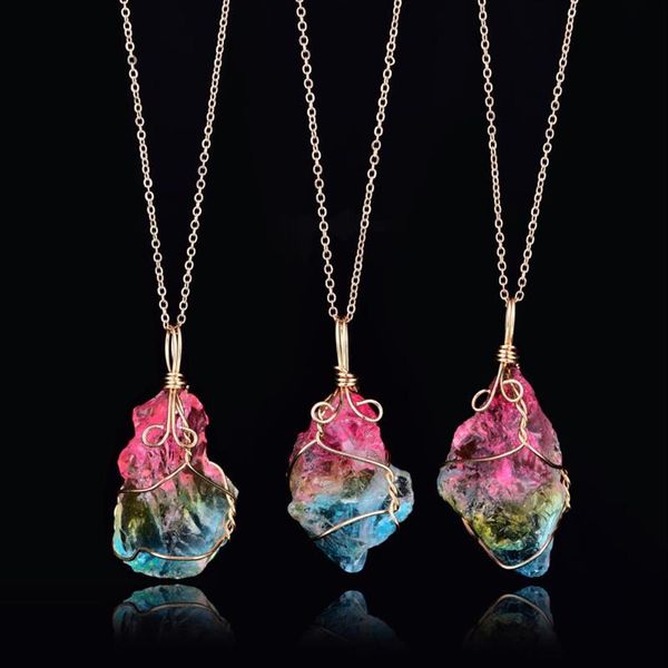 Ожерелья с подвесками, нерегулярный натуральный кристаллический камень, ожерелье из проволоки для женщин, Радужный кварц, Рейки Исцеление282v