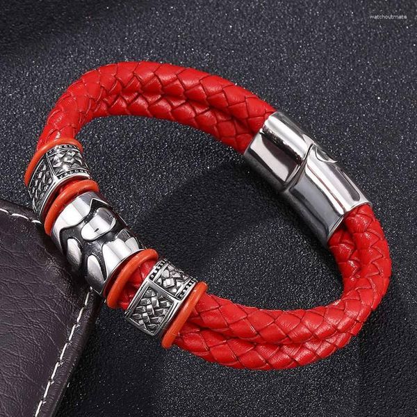 Braccialetti con ciondoli Accessori da uomo Bracciale in pelle intrecciata rossa Gioielli da uomo Braccialetti da festa in acciaio inossidabile alla moda Chiusure magnetiche FR0101