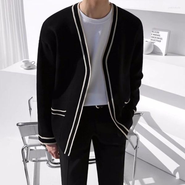 Suéteres masculinos 2023 suéter de caxemira com decote em v solto casual moda tricô tendência cardigan cáqui/preto casacos de cor M-2XL