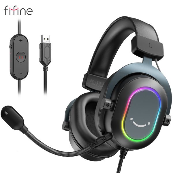 HEADsets Fifine Dynamic RGB Gaming HEADset com Microfone Over-Ear HEADphones 7.1 Surround Sound PC 3 EQ Opções Jogo Filme Música 230923