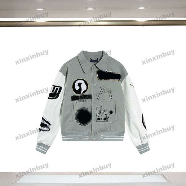 xinxinbuy Cappotto da uomo firmato Giacca da baseball Occhio lettera asciugamano ricamo maniche lunghe donna grigio Nero kaki S-XL