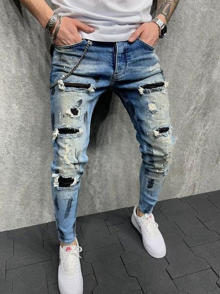 Jeans da uomo Pantaloni da cowboy con giunture di design skinny strappati da uomo Pantaloni in denim da uomo di alta qualità vintage blu hip-hop streetwear