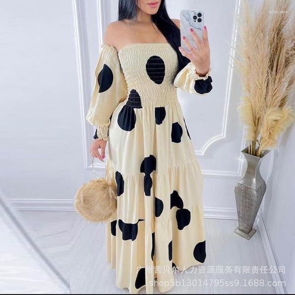 Vestidos casuais mulheres longo maxi vestido solto polka dot slash neck manga sem alças cintura alta sexy moda plissada até o chão