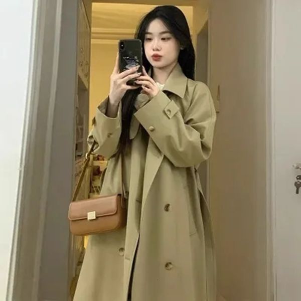 Jaqueta feminina de lã mistura mulher longo trench coat preto elegante moda coreano streetwear solto casual cinto manto 2023 fino blusão 230923