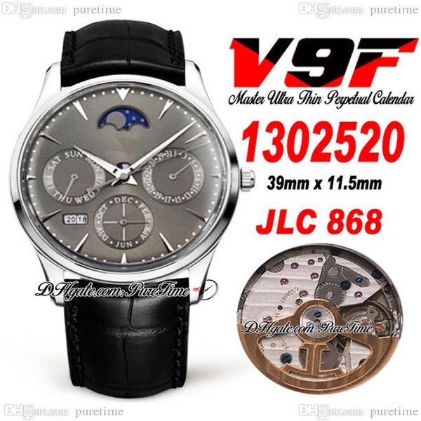 V9F Master Ultra Fino Calendário Perpétuo A868 Relógio Automático Masculino Q1302520 Caixa de Aço Mostrador Cinza Fase da Lua Pulseira de Couro Relógios 2967