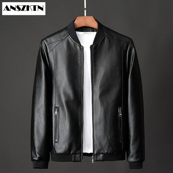 Мужские куртки ANSZKTN, искусственная кожа с несколькими боковыми карманами, молния, черный воротник, большие размеры 6XL, 7XL, 8XL, мужская мотоциклетная куртка из искусственной кожи 230923