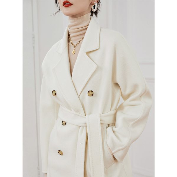 Mulheres misturas de lã inverno cashmere casaco feminino longo outono branco casual feminino 2023 moda ondulação de água com temperamento deslocamento 230923