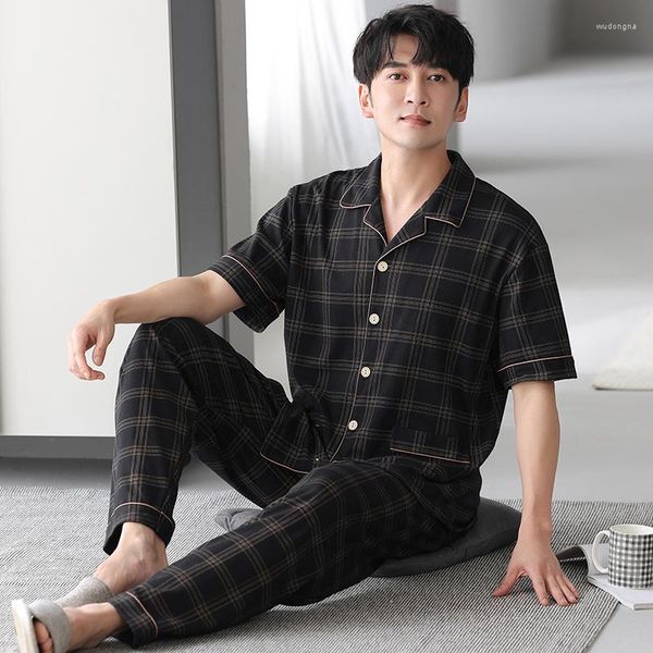 Мужская одежда для сна, летняя M-4XL, мужской пижамный комплект, вязаный хлопковый отложной воротник, короткие топы, длинные брюки, пижамы