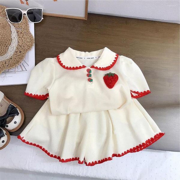 Set di abbigliamento Set di pantaloncini alla fragola carini per ragazza 2-8 anni Estate per bambini Colletto rovesciato Camicia ampia Vita elastica Pantaloni corti solidi Bambini