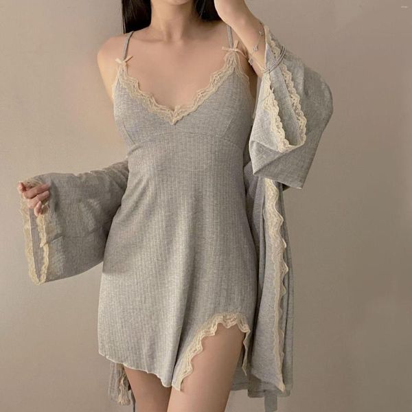 Mulheres sleepwear algodão duas peças robe conjunto com suspender nightdress para mulher sexy modal roupão de noite quimono vestido