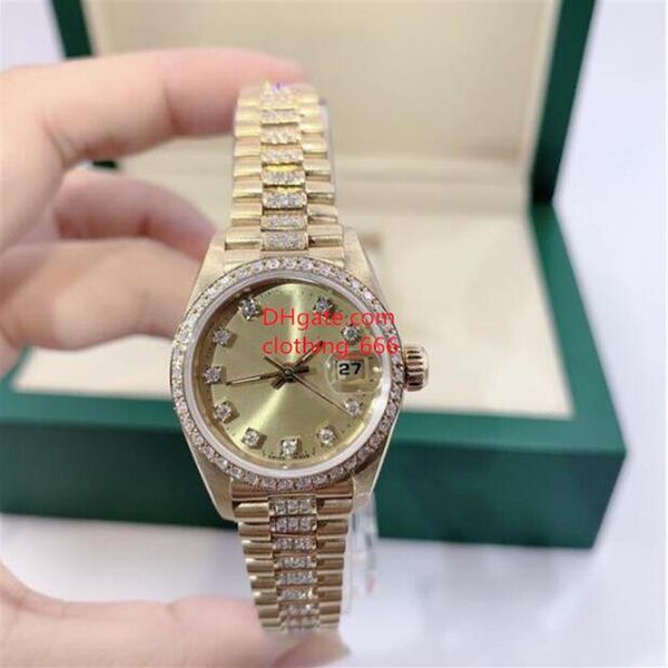 Женские классические часы с бриллиантами 69178, 26 мм, большая лупа, золотой циферблат, механическое сапфировое зеркало, стальной браслет, роскошные женские часы Water189w