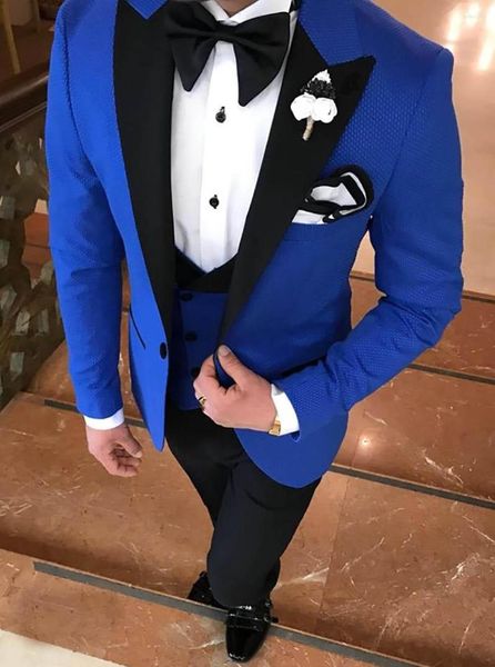 Ternos masculinos jaqueta azul real colete calças homem fino ajuste traje vestido de casamento fechamento colarinho noivo smoking casaco de baile conjunto de 3 peças