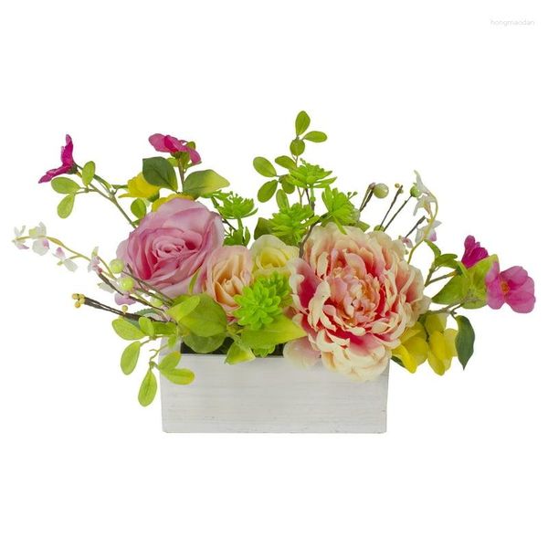 Flores decorativas e arranjo floral de peônia artificial amarela de rosas no plantador