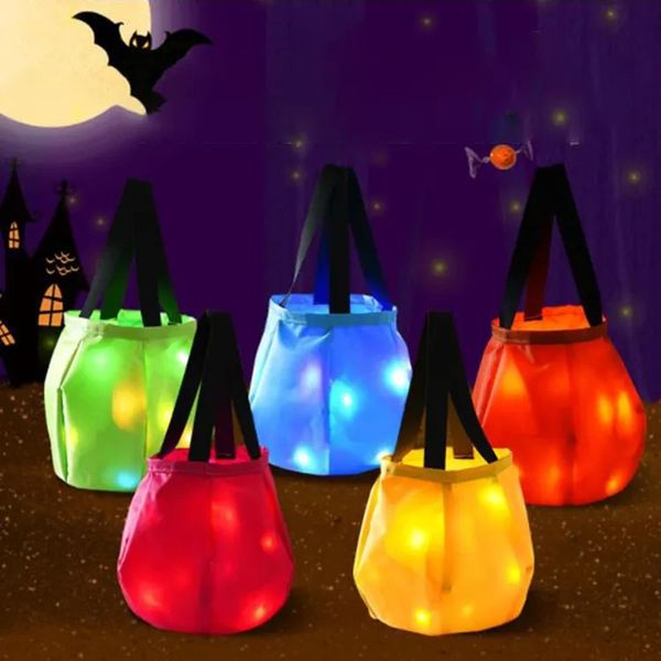 Luz led cesta de halloween luminosa balde de doces truque saco de deleite reutilizável dupla camada iluminar bolsa sacolas com alça de transporte