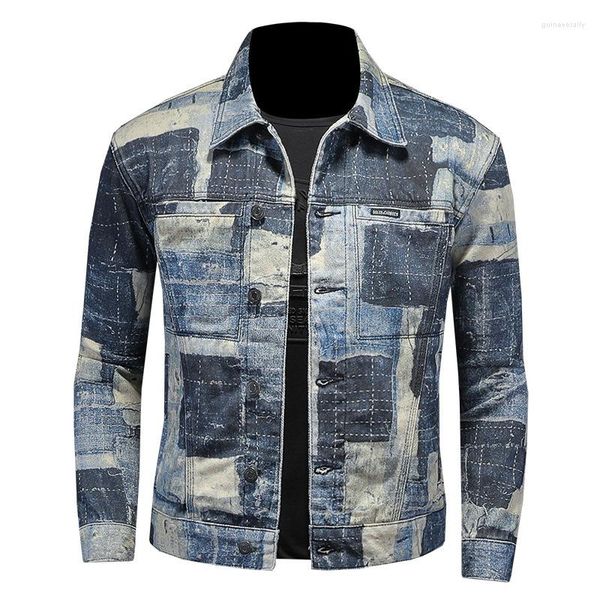 Jaquetas masculinas moda remendado denim jaqueta alta rua vintage jeans casaco para masculino streetwear cowboy outerwear com retalhos