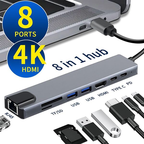 USB C Hub Adapter USB Splitter Extender Dock USB 3.0 Port für MacBook Laptop Typ C 8 in 1 Dockingstation Multiport 4K HDMI SD TF Kartenleser PD RJ45