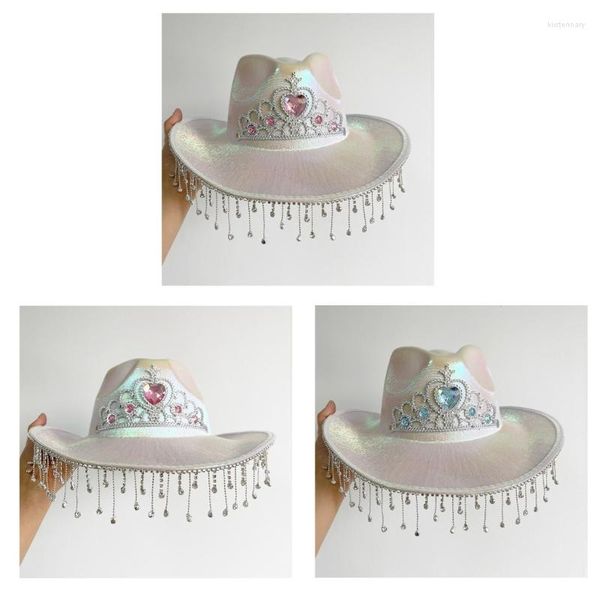 Beralar taç desen cowgirl şapka gelin düğün po kostüm proplar yaz açık kadın kız ile sallangılar ile brim dxaa