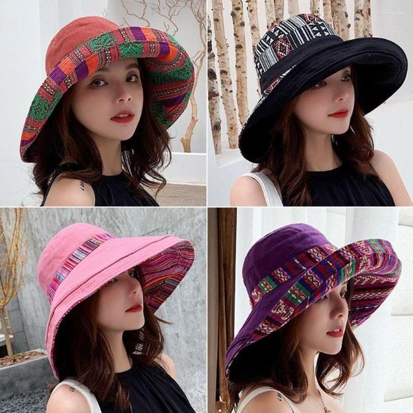 Wide Brim Hats Double-Sided Out Door Retro Sun Protection Bucket Hat National Beach Womens