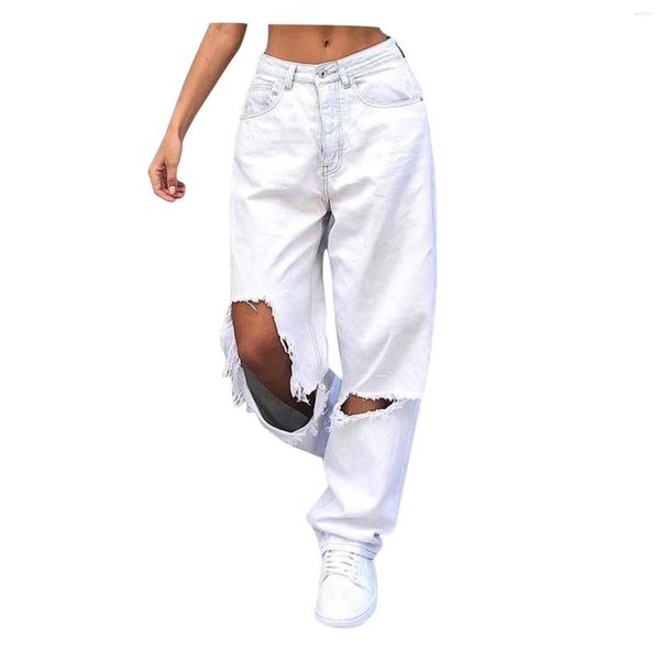 Damen-Jeans im Hyuna-Stil, durchgehende Cargohose, weiße Damen-Jeans mit perforiertem Bein, amerikanische Straße, zerrissen, Kawaii-Faldas, dünne, gerade Röhre