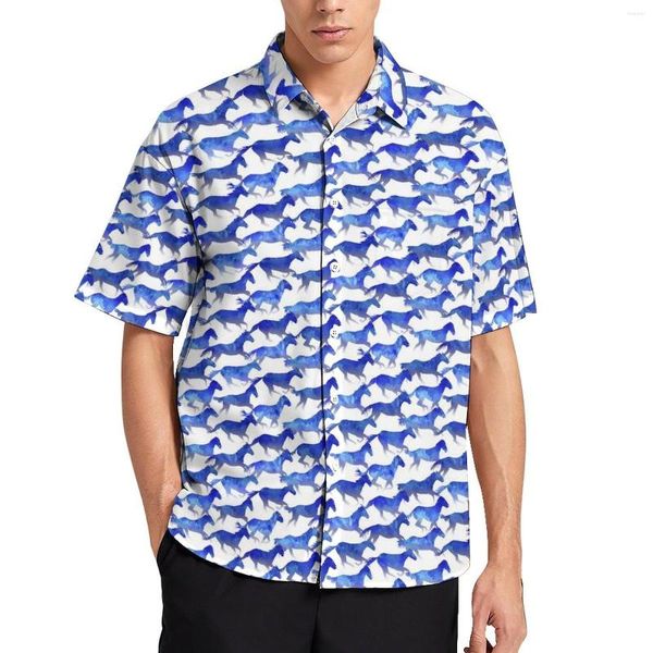 Camisas casuais masculinas aquarela cavalo azul animal impressão camisa de férias verão blusas estéticas homem gráfico plus size