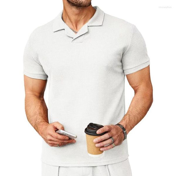 Erkekler Polos 2023 Yaz Waffle v yaka polo gömlek yakalı serin kısa kollu üst rahat moda tişört