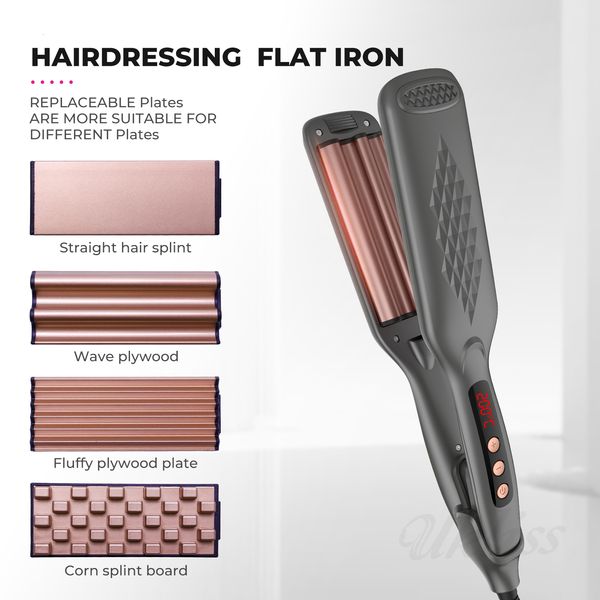 Haarglätter Crimper mit 4 austauschbaren Platten Negativ-Ionen-Lockenwickler Volumizing Iron Fluffy Curling Straightener 230923