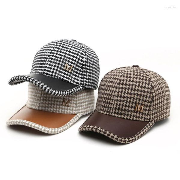 Berretti Versione coreana Tesa in pelle Modello pied de poule M Etichetta Cappello con visiera Autunno Inverno Uomo Donna Moda All-Match Trend Berretto da baseball