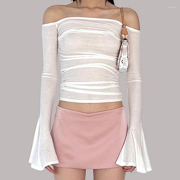 Mulheres Camisetas Sexy Ruched Off Ombro Crop Tops Mulheres Backless Manga Flared Slim Fit Básico Tees Coreano Elegante Club Party Pullovers