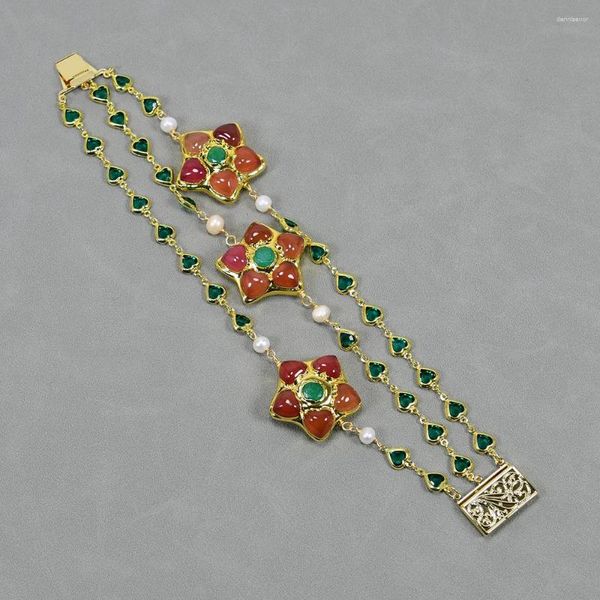 Filo 3 fili d'acqua dolce coltivata perla bianca arancione agata giada pavimentata cuore verde braccialetto a catena regali di gioielli di moda da donna