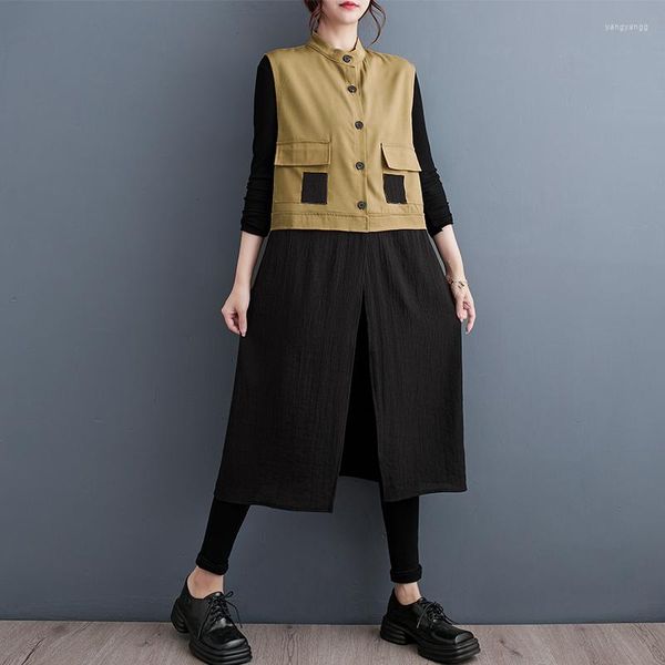 Gilet da donna stile europeo americano colletto alla coreana patchwork chic ragazze lungo autunno capispalla gilet cappotti moda di strada donna primavera casual