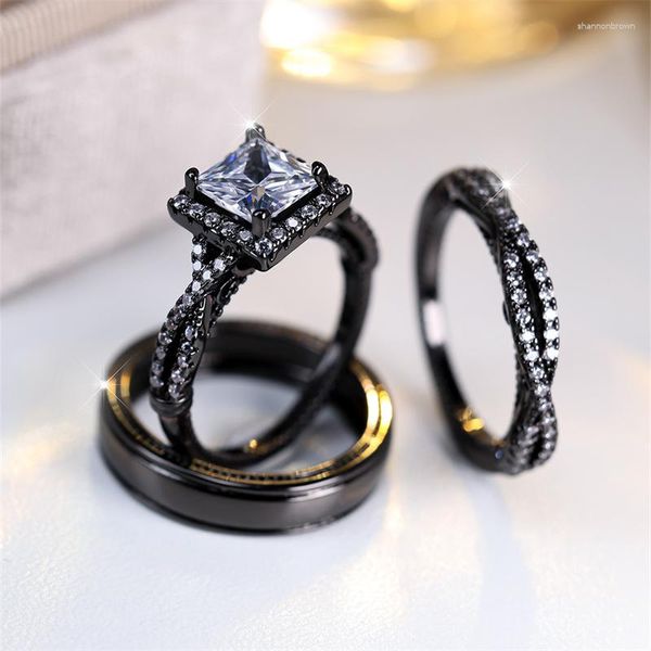 Anéis de casamento moda deslumbrante torção três roupa zircon conjunto anel preto cor de ouro para mulheres homens oco out unisex jóias