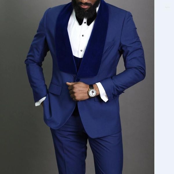 Ternos masculinos mais recentes noivo smoking para casamento 2023 azul real 3 peças veludo xale lapela fino ajuste terno masculino formal (jaqueta colete calças)