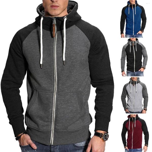 Hoodies masculinos outono e inverno correspondência de cores esporte mais velo cardigan hoodie casual moda código europeu com casaco de manga rotadora