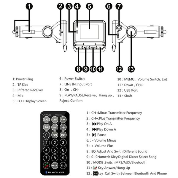 1/4 lcd carro mp3 fm transmissor modulador bluetooth mãos música mp3 player com suporte de controle remoto cartão tf usb252u