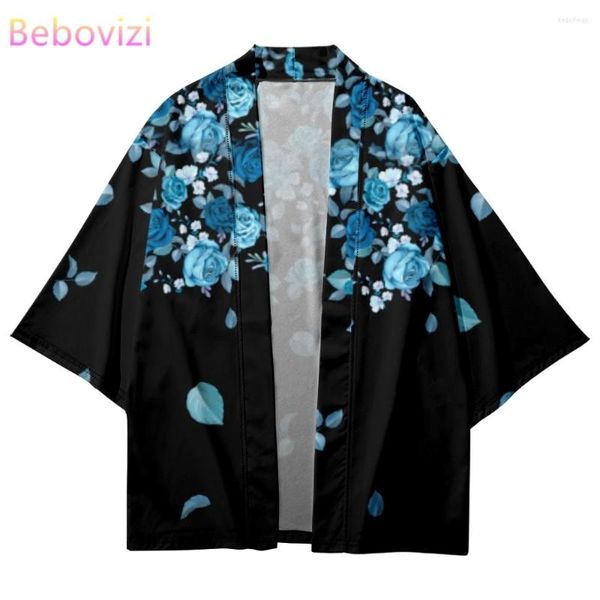 Roupas étnicas Design de Moda Azul Rosa Flor Impressão Tradicional Cardigan Tops Japonês Kimono Mulheres Praia Yukata Streetwear Haori